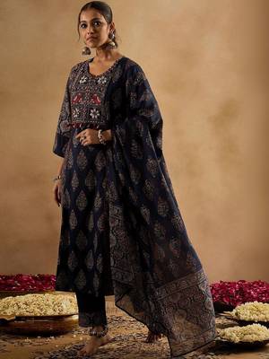 Women Ethnic Motifs Printed Regular Mirror Work Pure Cotton Kurta with Trousers & With Dupatta 4