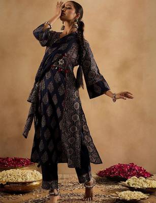 Women Ethnic Motifs Printed Regular Mirror Work Pure Cotton Kurta with Trousers & With Dupatta 5