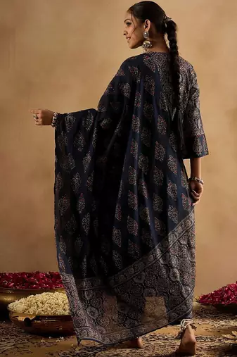 Women Ethnic Motifs Printed Regular Mirror Work Pure Cotton Kurta with Trousers & With Dupatta