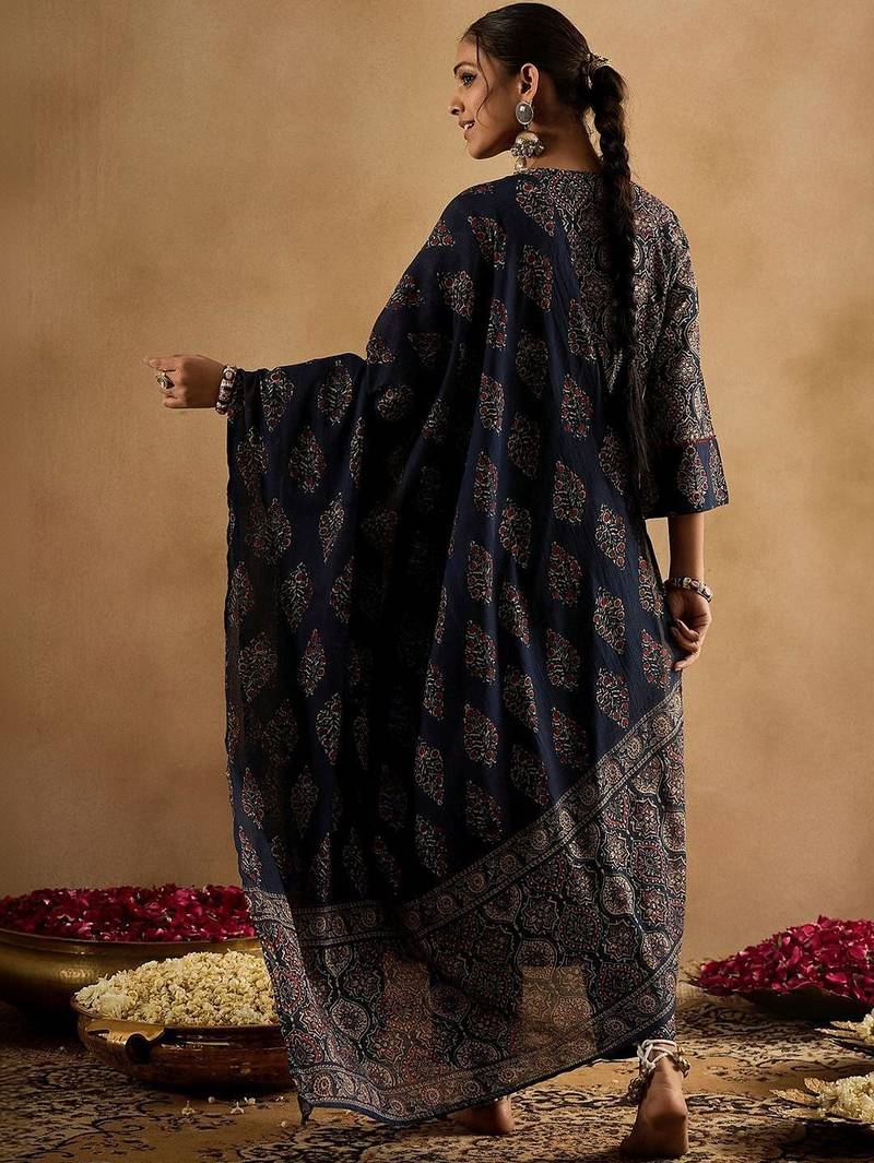 Women Ethnic Motifs Printed Regular Mirror Work Pure Cotton Kurta with Trousers & With Dupatta