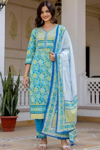 Women Floral Printed Regular Thread Work Pure Cotton Kurta with Trousers & With Dupatta