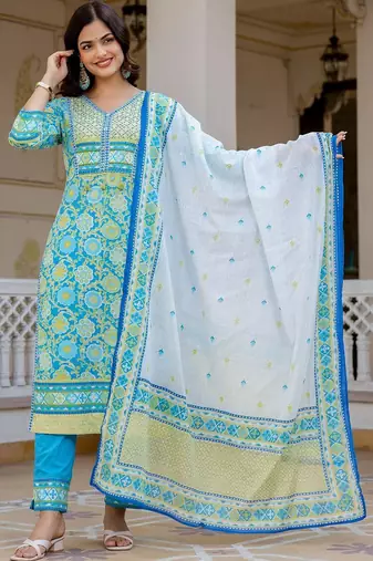 Women Floral Printed Regular Thread Work Pure Cotton Kurta with Trousers & With Dupatta