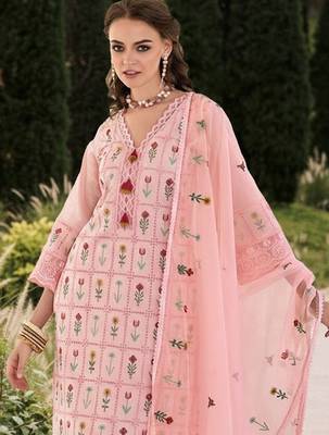 Women Floral Embroidered Regular Thread Work Pure Cotton Kurta with Trousers & With Dupatta 5