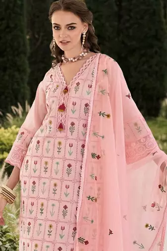 Women Floral Embroidered Regular Thread Work Pure Cotton Kurta with Trousers & With Dupatta