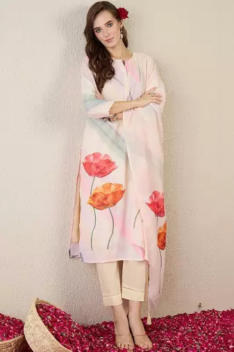 Women Floral Printed Regular Linen Kurta with Trousers & With Dupatta