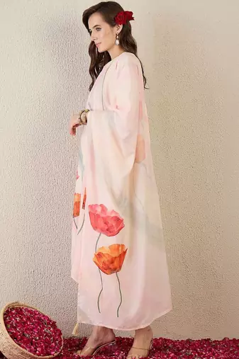 Women Floral Printed Regular Linen Kurta with Trousers & With Dupatta