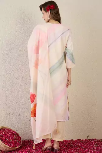 Women Floral Printed Regular Linen Kurta with Trousers & With Dupatta