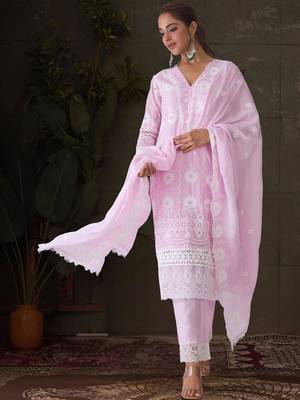 Women Ethnic Motifs Embroidered Regular Chikankari Pure Cotton Kurta with Trousers & With Dupatta 1