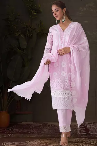 Women Ethnic Motifs Embroidered Regular Chikankari Pure Cotton Kurta with Trousers & With Dupatta