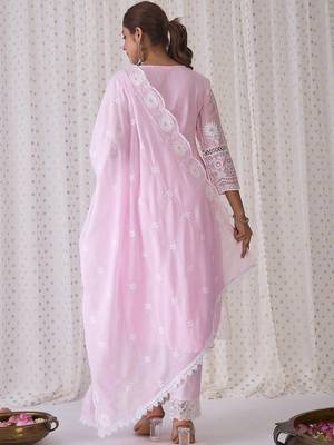 Women Ethnic Motifs Embroidered Regular Chikankari Pure Cotton Kurta with Trousers & With Dupatta 6