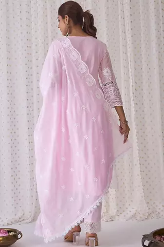 Women Ethnic Motifs Embroidered Regular Chikankari Pure Cotton Kurta with Trousers & With Dupatta