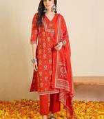 Women Ethnic Motifs Printed Regular Thread Work Pure Cotton Kurta with Trousers & With Dupatta