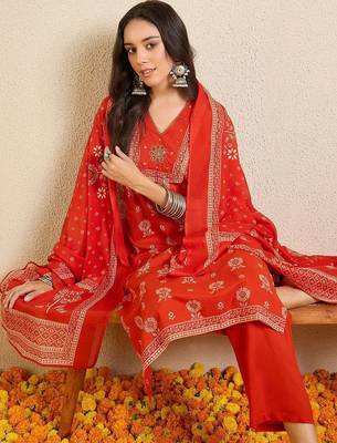 Women Ethnic Motifs Printed Regular Thread Work Pure Cotton Kurta with Trousers & With Dupatta 2