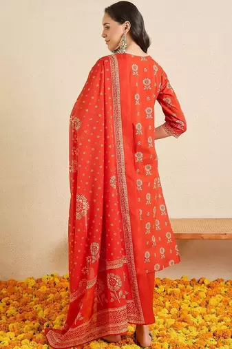 Women Ethnic Motifs Printed Regular Thread Work Pure Cotton Kurta with Trousers & With Dupatta