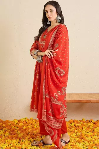 Women Ethnic Motifs Printed Regular Thread Work Pure Cotton Kurta with Trousers & With Dupatta