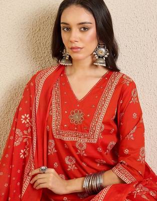 Women Ethnic Motifs Printed Regular Thread Work Pure Cotton Kurta with Trousers & With Dupatta 6