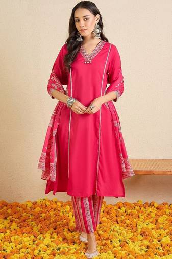 women ethnic motifs regular thread work  cotton kurta with trousers & with dupatta