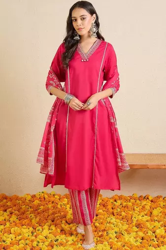 Women Ethnic Motifs Regular Thread Work Pure Cotton Kurta with Trousers & With Dupatta