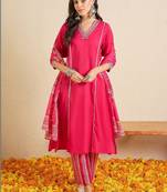 Women Ethnic Motifs Regular Thread Work Pure Cotton Kurta with Trousers & With Dupatta