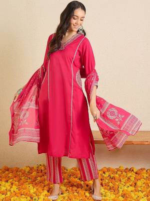 Women Ethnic Motifs Regular Thread Work Pure Cotton Kurta with Trousers & With Dupatta 4