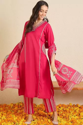 Women Ethnic Motifs Regular Thread Work Pure Cotton Kurta with Trousers & With Dupatta
