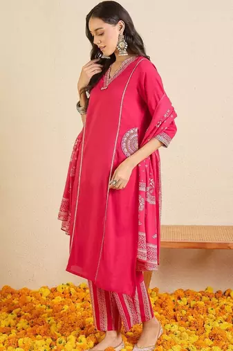 Women Ethnic Motifs Regular Thread Work Pure Cotton Kurta with Trousers & With Dupatta