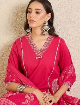 Women Ethnic Motifs Regular Thread Work Pure Cotton Kurta with Trousers & With Dupatta 6