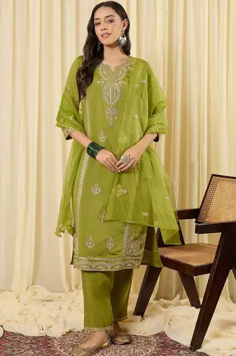 Women Ethnic Motifs Embroidered Regular Sequinned Kurta with Trousers & With Dupatta