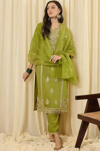 Women Ethnic Motifs Embroidered Regular Sequinned Kurta with Trousers & With Dupatta