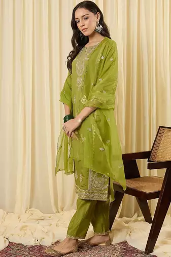 Women Ethnic Motifs Embroidered Regular Sequinned Kurta with Trousers & With Dupatta
