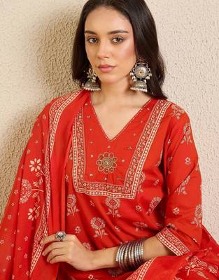 Women Ethnic Motifs Printed Regular Thread Work Pure Cotton Kurta with Trousers & With Dupatta 2