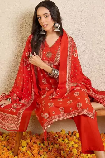Women Ethnic Motifs Printed Regular Thread Work Pure Cotton Kurta with Trousers & With Dupatta