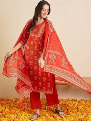 Women Ethnic Motifs Printed Regular Thread Work Pure Cotton Kurta with Trousers & With Dupatta 5