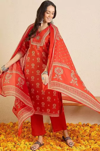 Women Ethnic Motifs Printed Regular Thread Work Pure Cotton Kurta with Trousers & With Dupatta