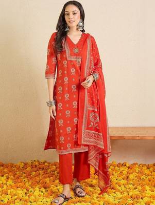 Women Ethnic Motifs Printed Regular Thread Work Pure Cotton Kurta with Trousers & With Dupatta 1