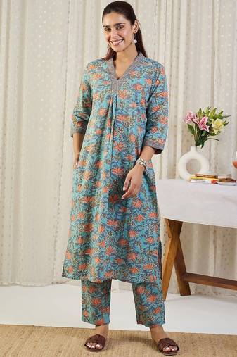 floral printed v-neck  cotton a-line kurta with trousers