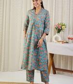 Floral Printed V-Neck Pure Cotton A-Line Kurta With Trousers