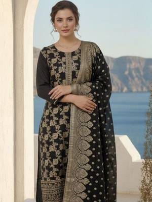 Ethnic Motifs Woven Design Zari Straight Kurta With Trousers & Dupatta 2