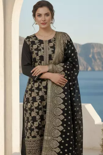 Ethnic Motifs Woven Design Zari Straight Kurta With Trousers & Dupatta