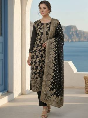 Ethnic Motifs Woven Design Zari Straight Kurta With Trousers & Dupatta 3