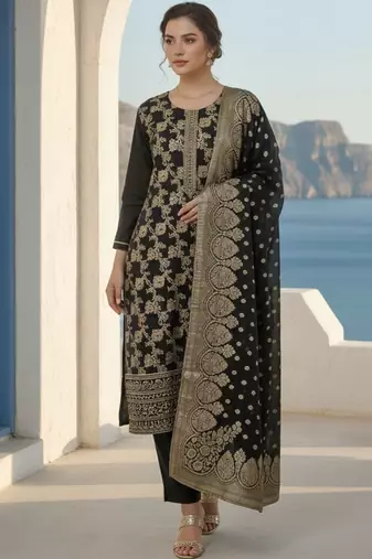 Ethnic Motifs Woven Design Zari Straight Kurta With Trousers & Dupatta