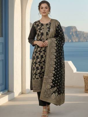 Ethnic Motifs Woven Design Zari Straight Kurta With Trousers & Dupatta 1