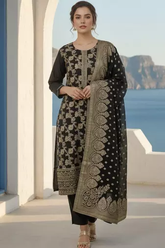 Ethnic Motifs Woven Design Zari Straight Kurta With Trousers & Dupatta