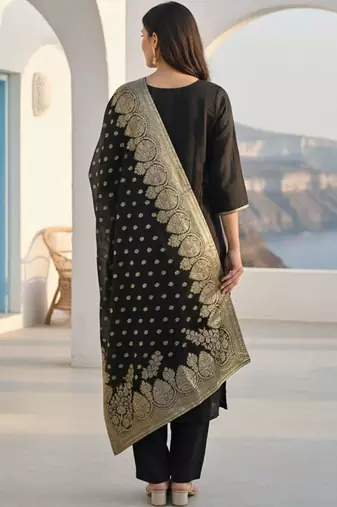 Ethnic Motifs Woven Design Zari Straight Kurta With Trousers & Dupatta