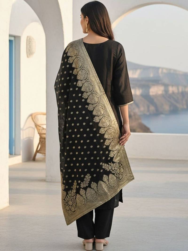 Ethnic Motifs Woven Design Zari Straight Kurta With Trousers & Dupatta