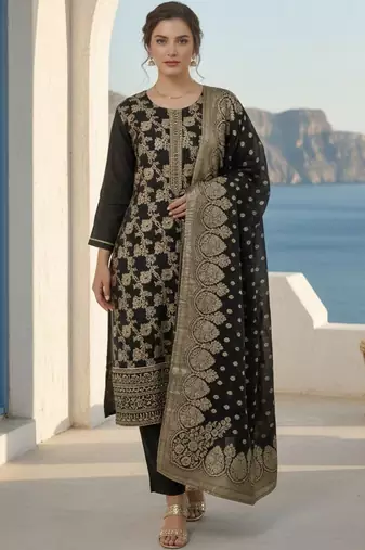 Ethnic Motifs Woven Design Zari Straight Kurta With Trousers & Dupatta