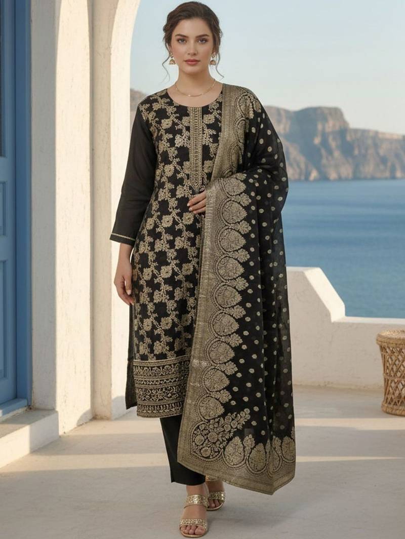 Ethnic Motifs Woven Design Zari Straight Kurta With Trousers & Dupatta