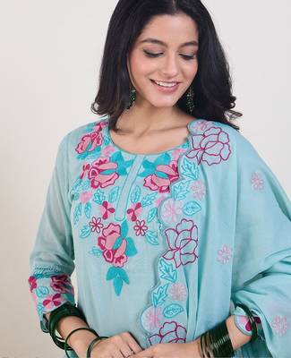 Floral Embroidered Thread Work Pure Cotton Kurta With Trousers & Dupatta 2