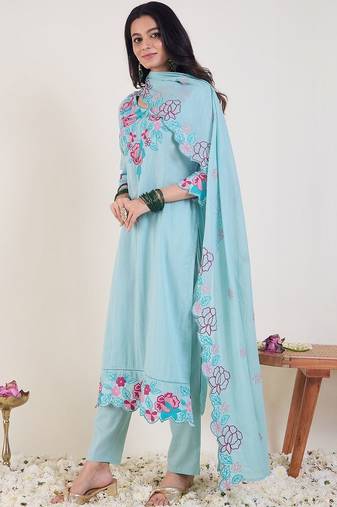 floral embroidered thread work  cotton kurta with trousers & dupatta