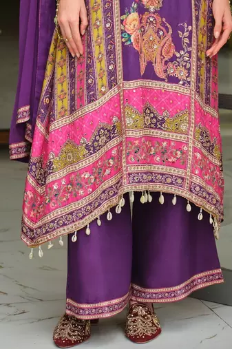 Ethnic Motifs Printed Regular Mirror Work A-Line Kurta With Palazzos & Dupatta